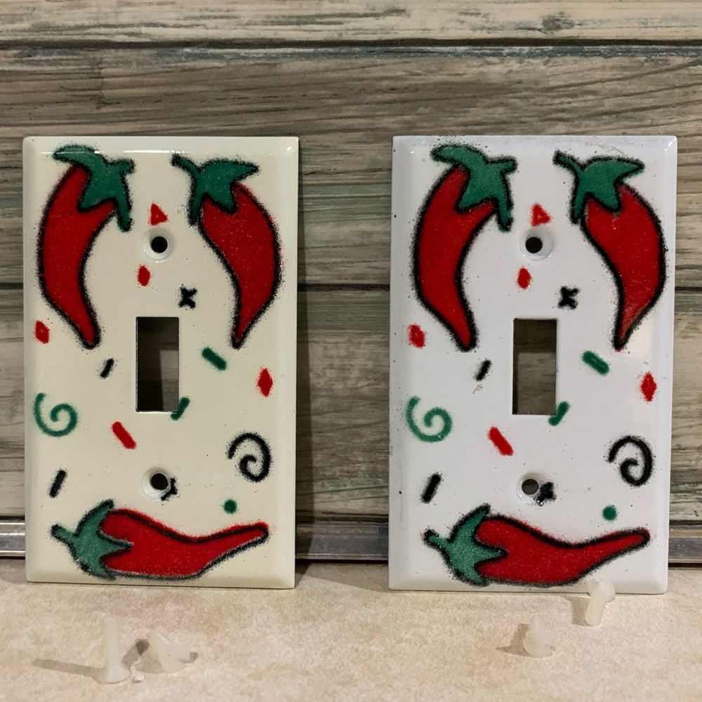 Metal switch covers/white enamel with chili pepper
